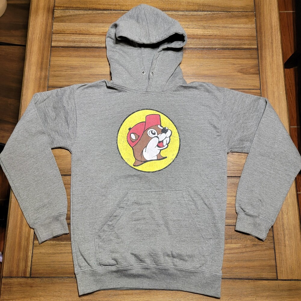 Buc-ee's LS Pullover Grey Unisex Hoodie Classic Stressed Logo - Size Small